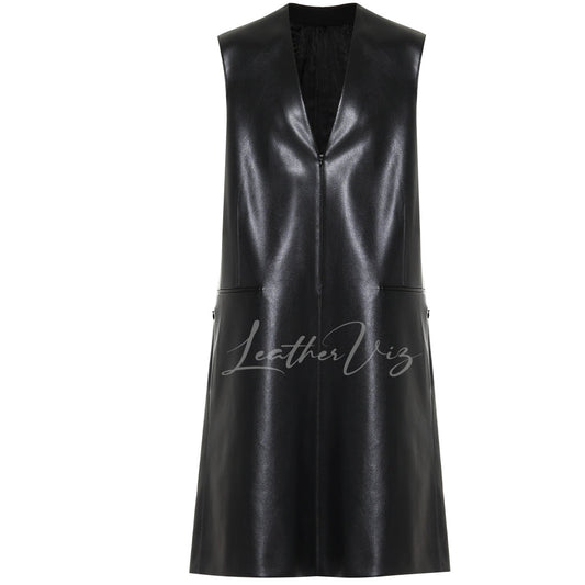 Deep Neckline Women Leather Dress