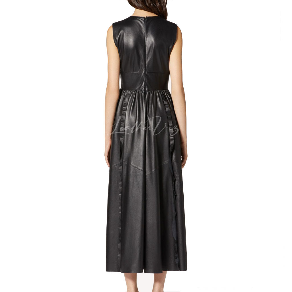 Deep V neckline leather dress