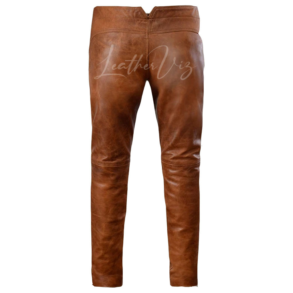 DISTRESSED LEATHER MEN BIKER PANTS
