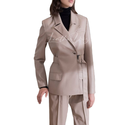 DOUBLE-BREASTED BELTED STYLE WOMEN LEATHER BLAZER