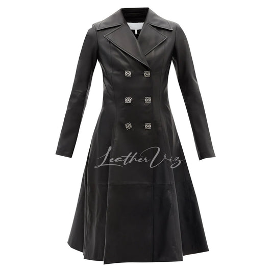 Black Flared Leather Trench Coat For Women