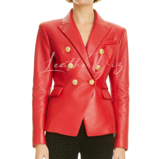 Corporate Chic: Women’s Double-Breasted Red Leather Blazer