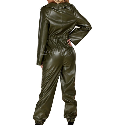 Drawstring Tie Waist Women Leather Jumpsuit