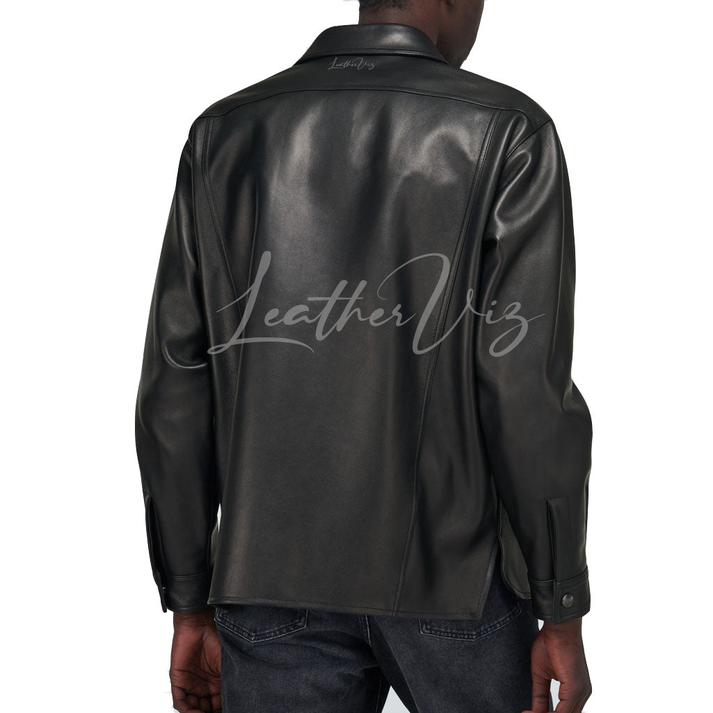 DROPPED SHOULDERS MEN BLACK LEATHER SHIRT