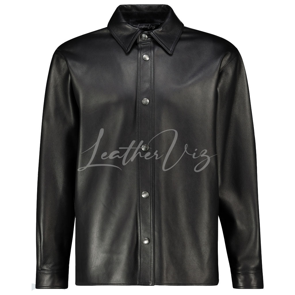 DROPPED SHOULDERS MEN BLACK LEATHER SHIRT