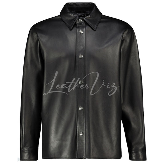 DROPPED SHOULDERS MEN BLACK LEATHER SHIRT