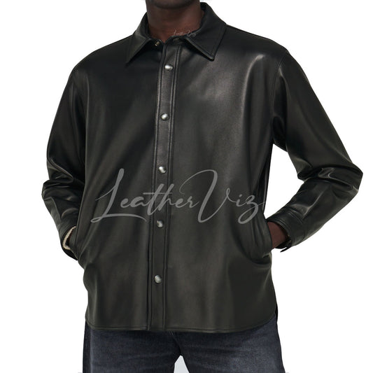 DROPPED SHOULDERS MEN BLACK LEATHER SHIRT
