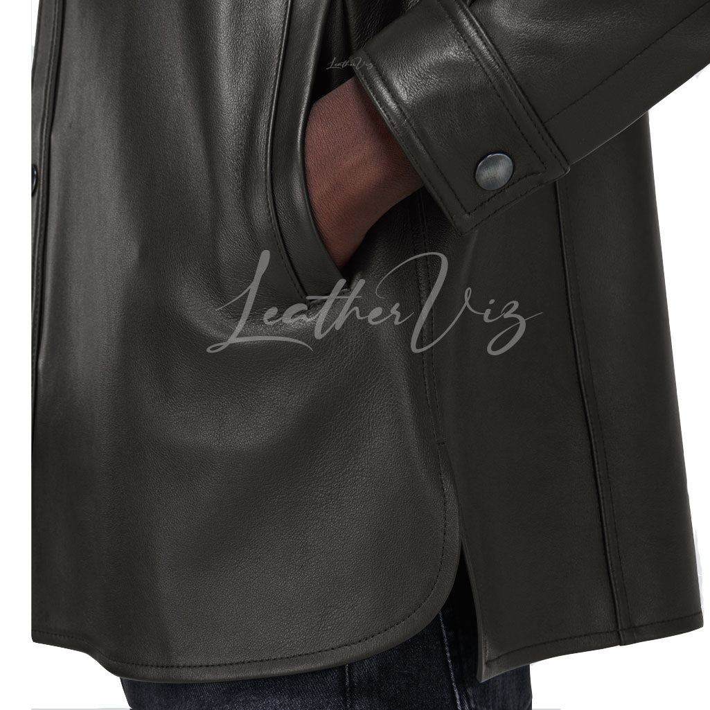 DROPPED SHOULDERS MEN BLACK LEATHER SHIRT