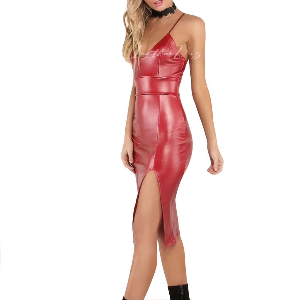 Lambskin-look red dress with Adjustable strap cocktail dress