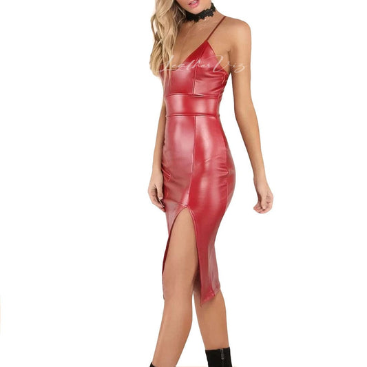 Lambskin-look red dress with Adjustable strap cocktail dress