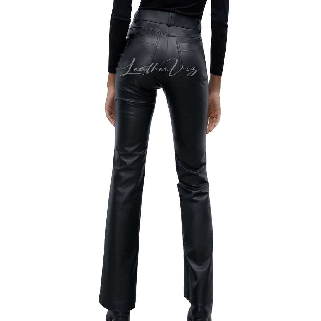 FLARED HEM PANELED DETAILING LEATHER TROUSERS