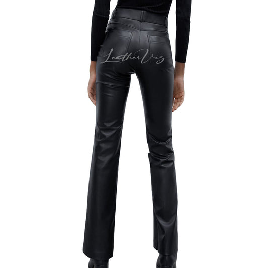 FLARED HEM PANELED DETAILING LEATHER TROUSERS