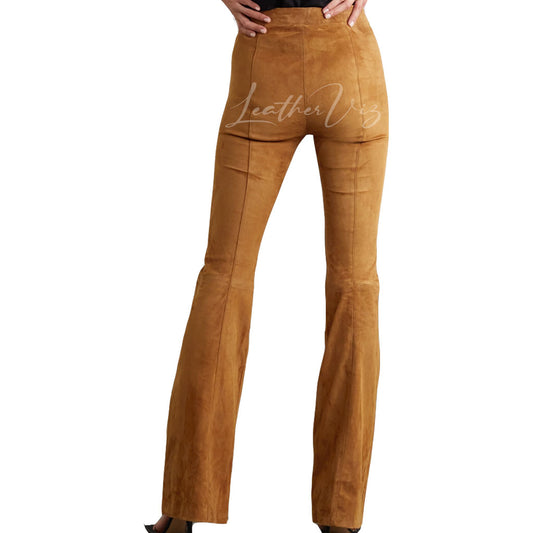 FLARED LEG SUEDE LEATHER PANTS FOR WOMEN