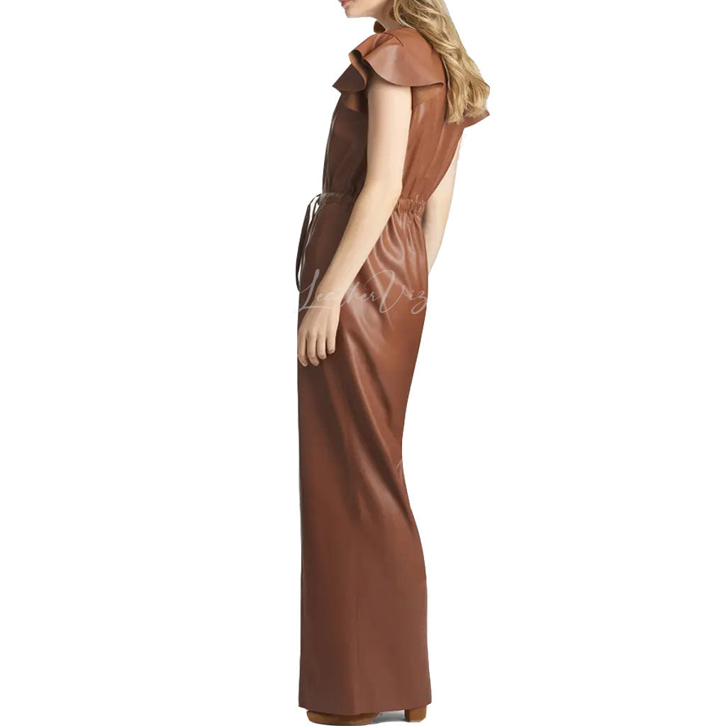 Flounce Sleeve Faux Women Leather Jumpsuit