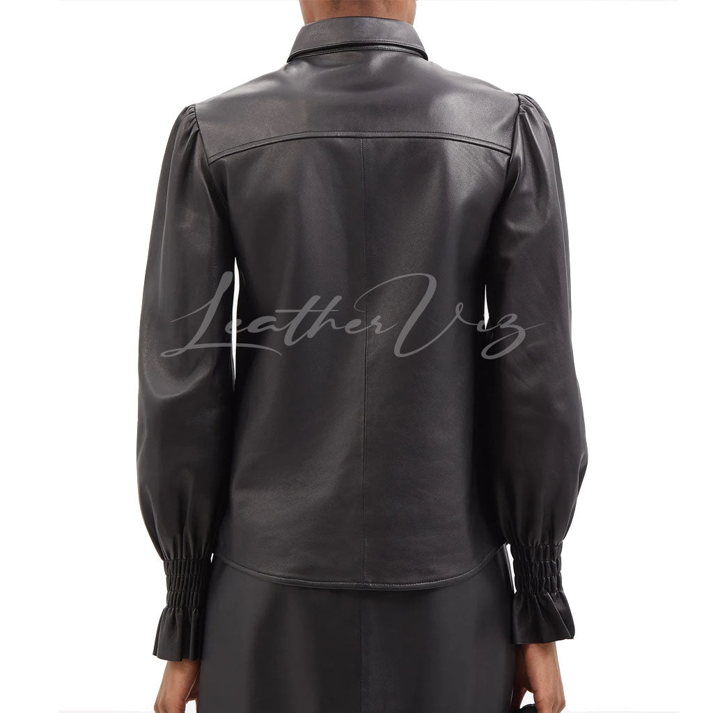 FLUTED-CUFF WOMEN LEATHER SHIRT