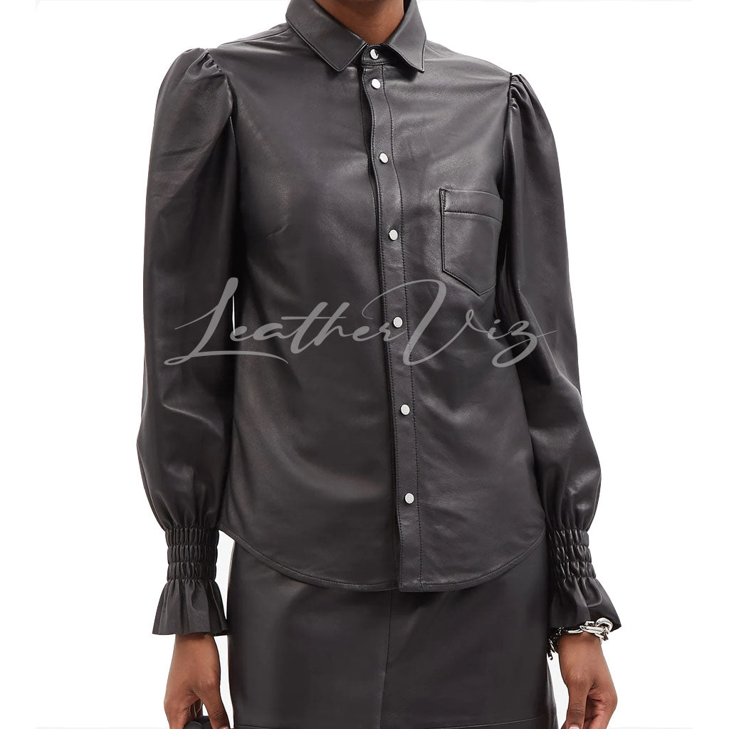 FLUTED-CUFF WOMEN LEATHER SHIRT
