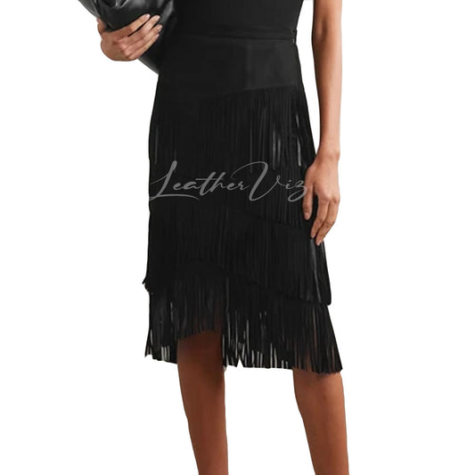 FRINGED STYLE SUEDE LEATHER MIDI SKIRT FOR WOMEN