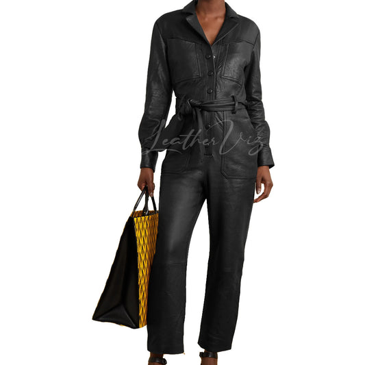 Front Button Black Leather Jumpsuit For Women