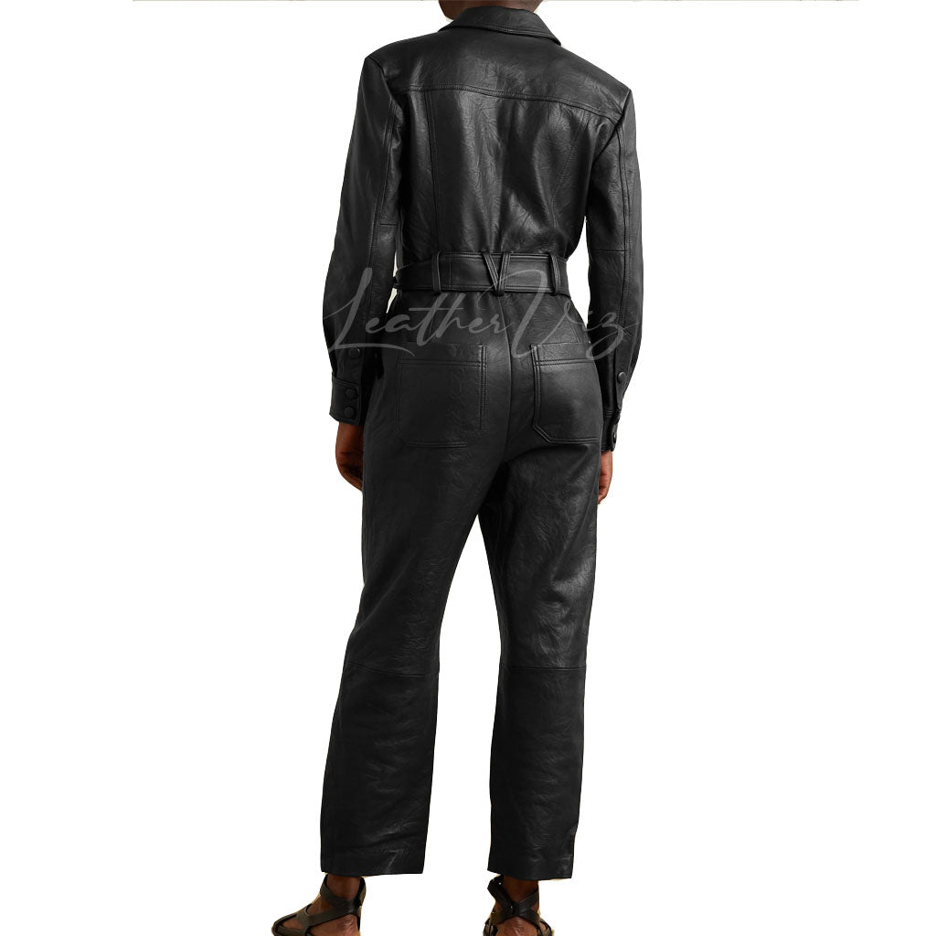 Front Button Black Leather Jumpsuit For Women