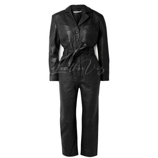 Front Button Black Leather Jumpsuit For Women