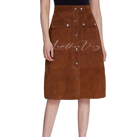 FRONT BUTTON CLOSURE SUEDE LEATHER SKIRT