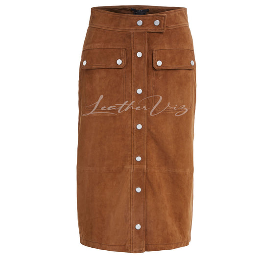FRONT BUTTON CLOSURE SUEDE LEATHER SKIRT