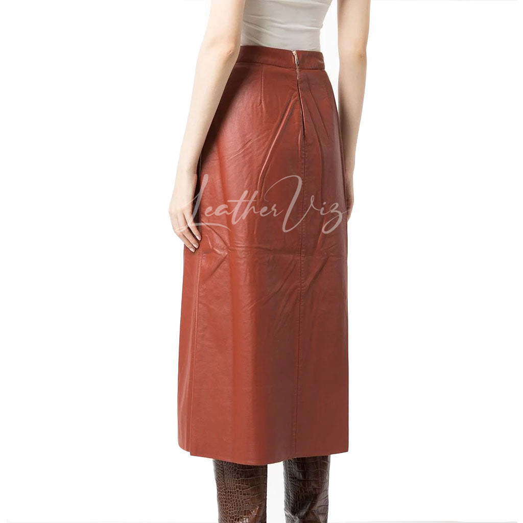 FRONT SLIT WOMEN LEATHER MIDI SKIRT