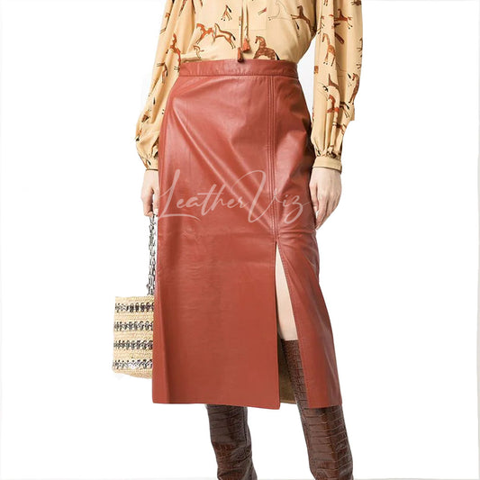 FRONT SLIT WOMEN LEATHER MIDI SKIRT