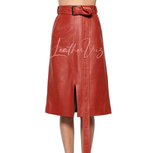 FRONT SLIT WOMEN RED LEATHER SKIRT