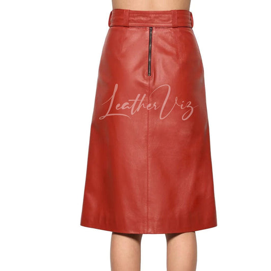 FRONT SLIT WOMEN RED LEATHER SKIRT