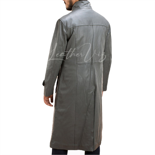 GRAY LEATHER LONG TRENCH COAT FOR MEN