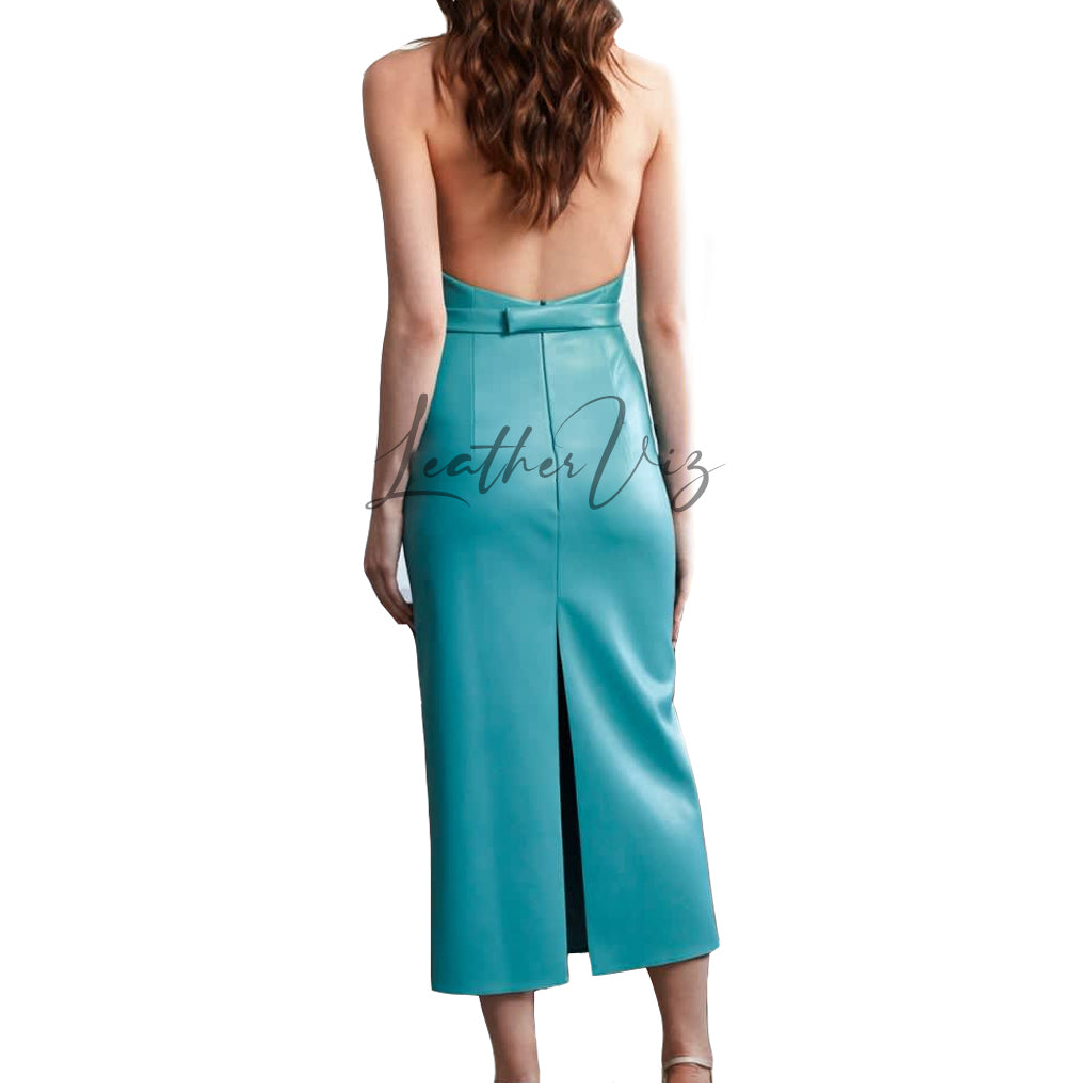 HALTER NECK OPEN BACK MIDI LEATHER DRESS