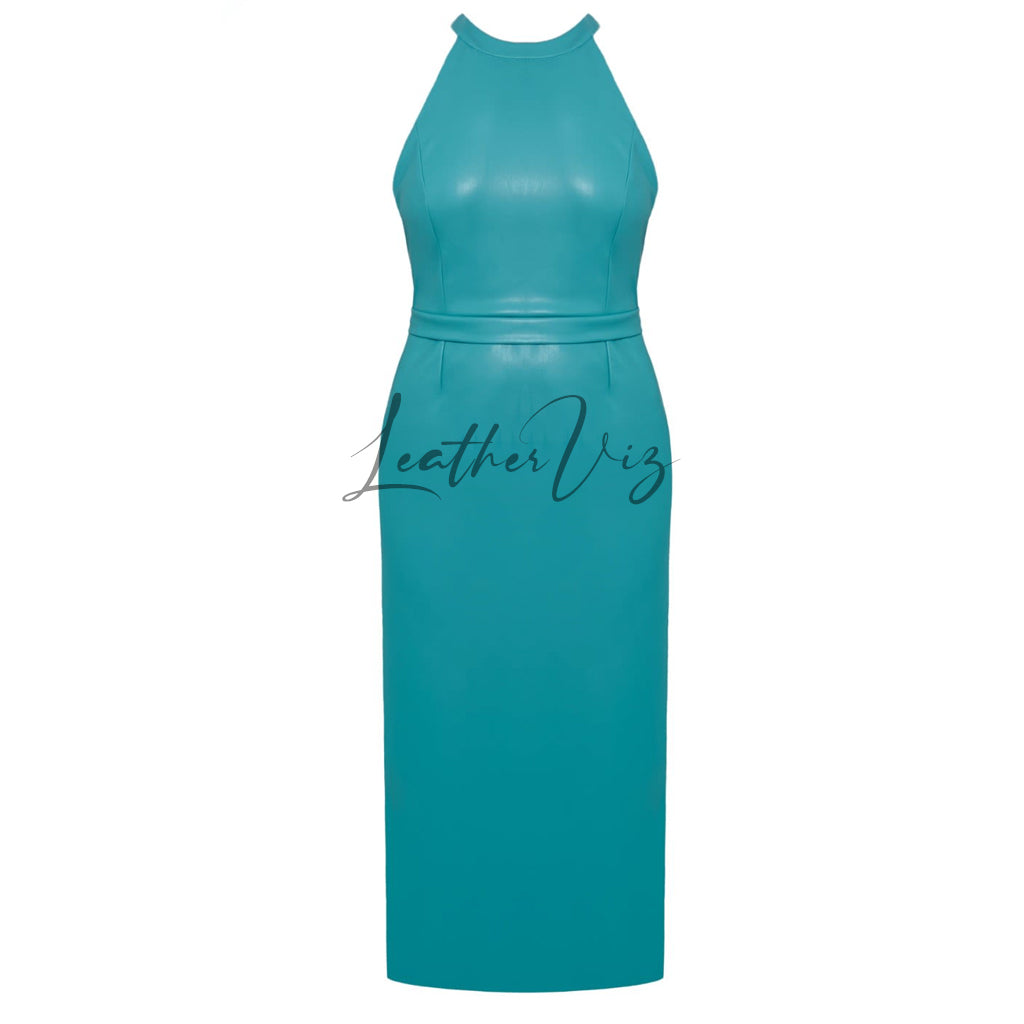 HALTER NECK OPEN BACK MIDI LEATHER DRESS