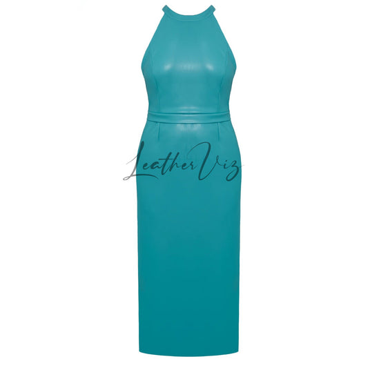HALTER NECK OPEN BACK MIDI LEATHER DRESS