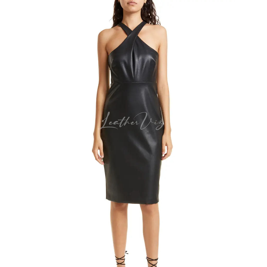 HALTER NECK WOMEN LEATHER SHEATH DRESS| PARTY BLACK LEATHER DRESS LeatherViz HALTER NECK WOMEN LEATHER SHEATH DRESS| PARTY BLACK LEATHER DRESS LeatherViz