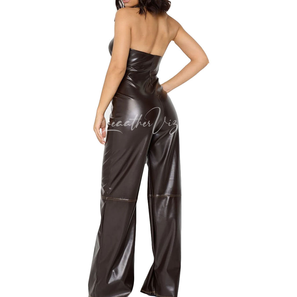 Halter Style Hot Faux Leather Jumpsuit For Women