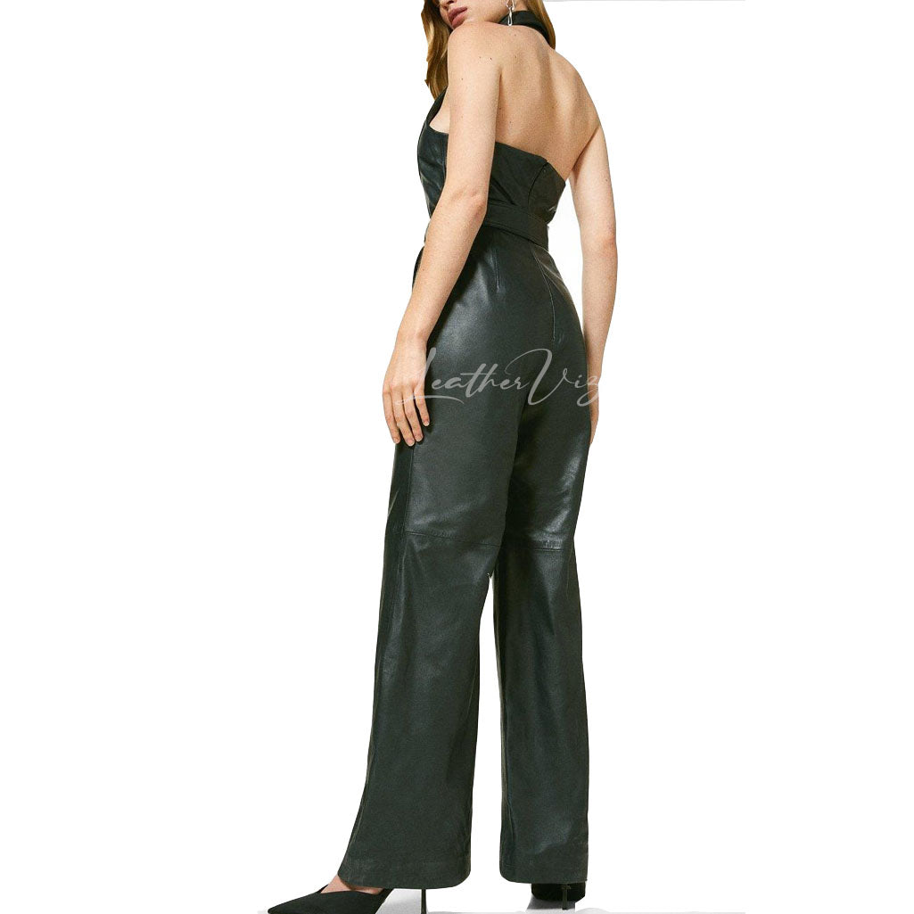 Halter Style Women Leather Jumpsuit
