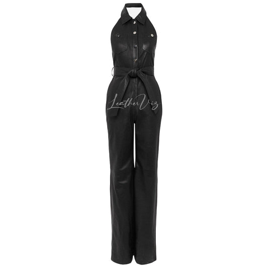 Halter Style Women Leather Jumpsuit