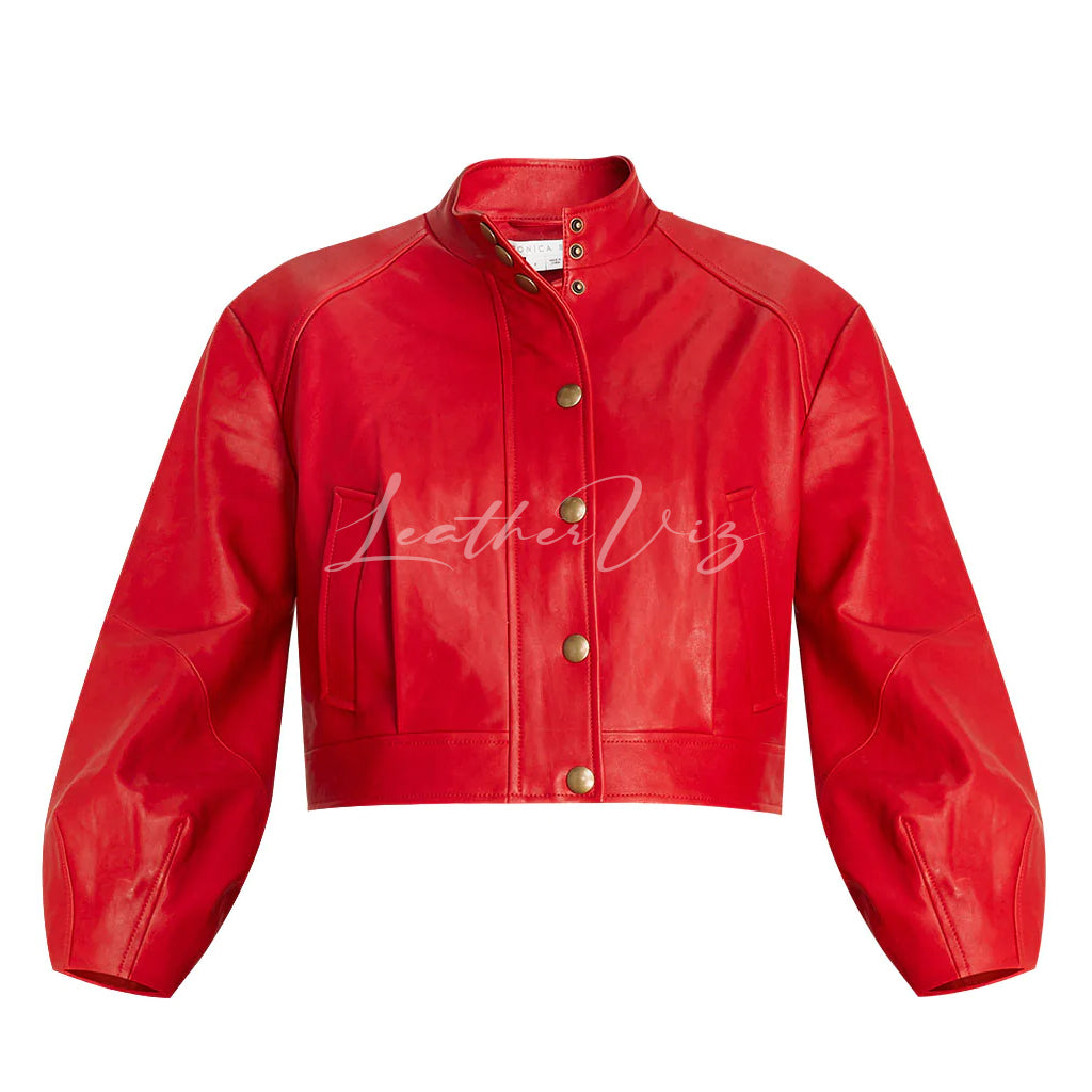 High Collar Women Red Leather Jacket
