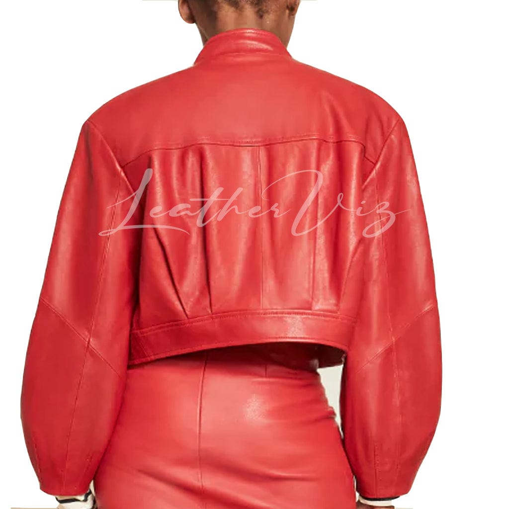 High Collar Women Red Leather Jacket