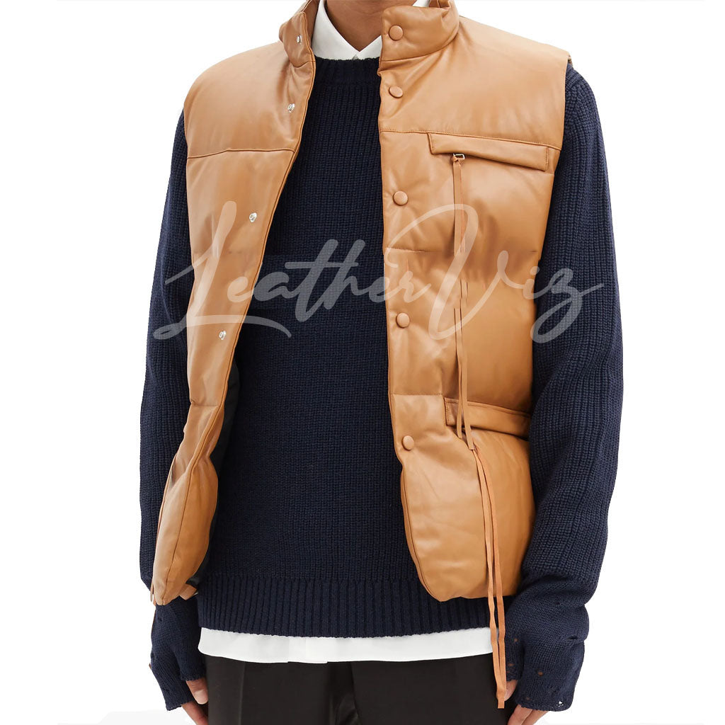 HIGH NECK PADDED LEATHER VEST FOR MEN