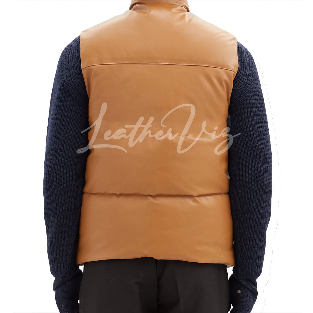 HIGH NECK PADDED LEATHER VEST FOR MEN