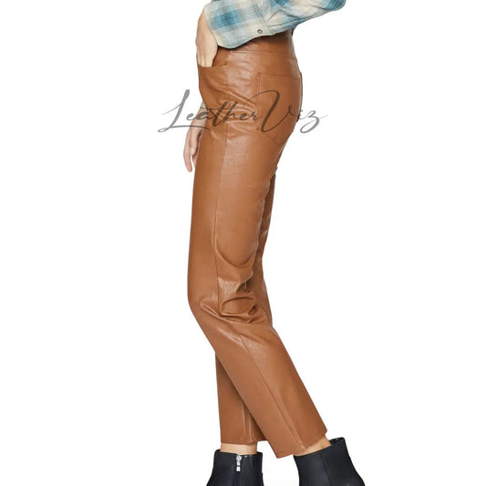 HIGH WAIST STRAIGHT LEG WOMEN LEATHER TROUSERS