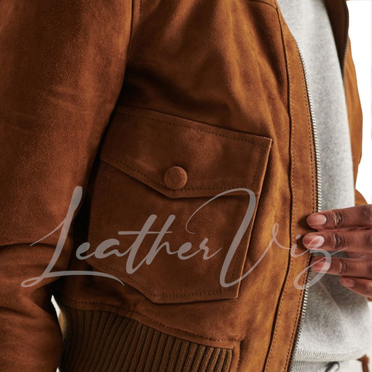 Knitted Collar Women Suede Leather Bomber Jacket