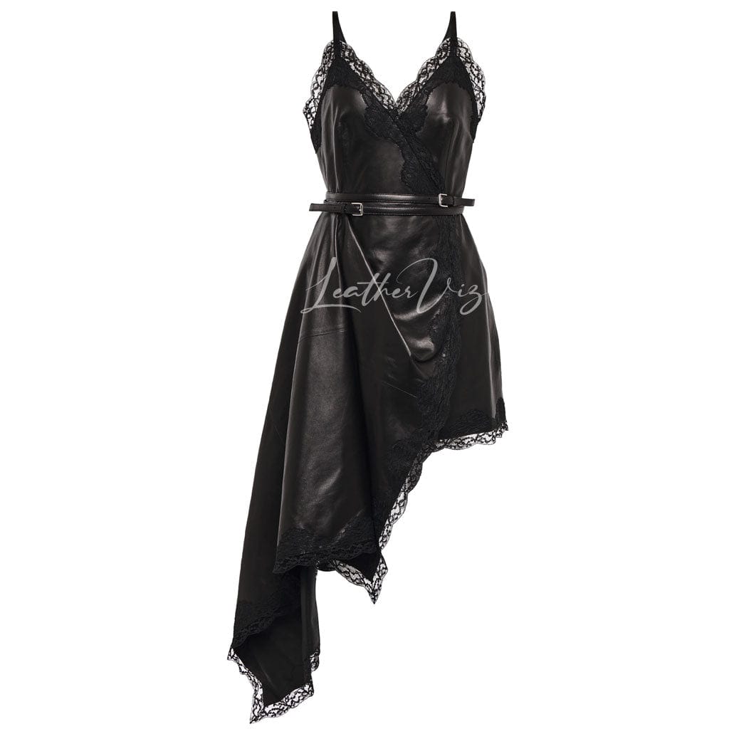 Lace-Trimmed Women Party Leather Dress