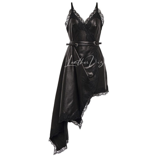 Lace-Trimmed Women Party Leather Dress