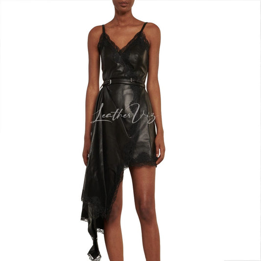 Lace-Trimmed Women Party Leather Dress