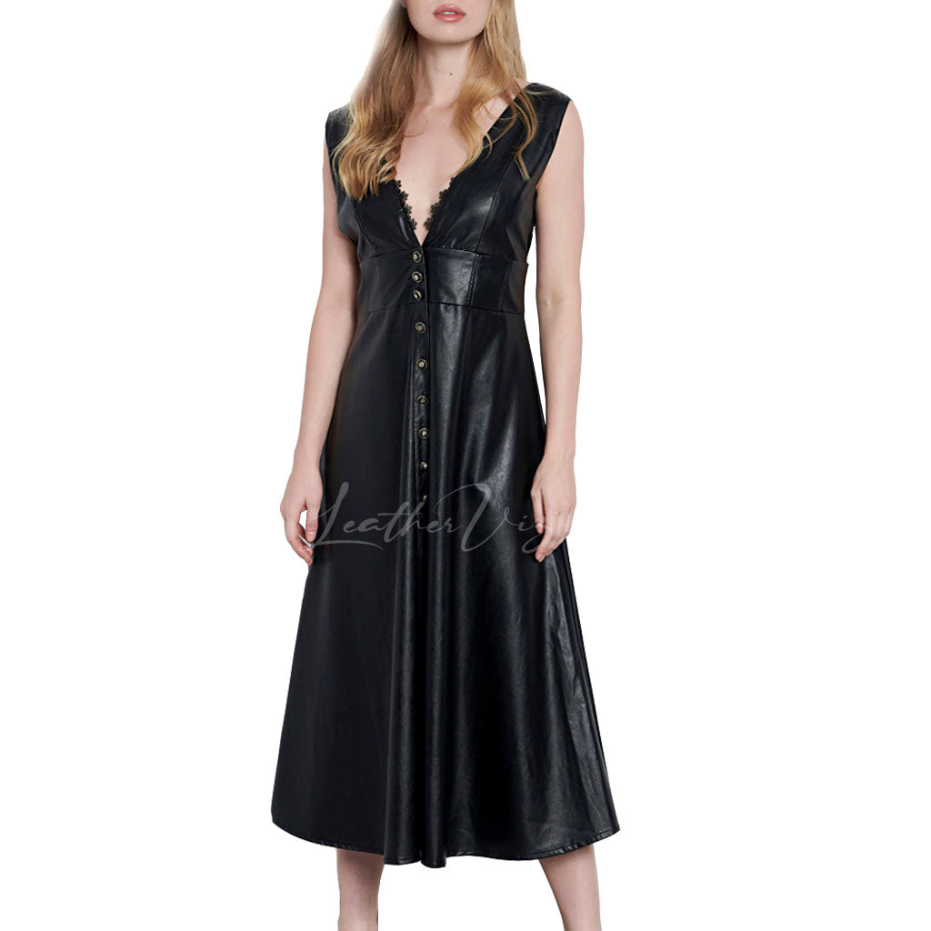 Lace Detailing Women Black Leather Gown