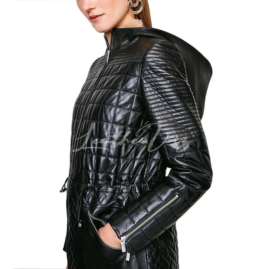 LEATHER MULTI STITCH QUILTED TRENCH COAT FOR WOMEN