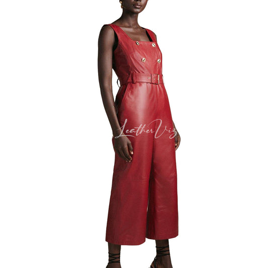 Leather Square Neck Women Red Leather Jumpsuit